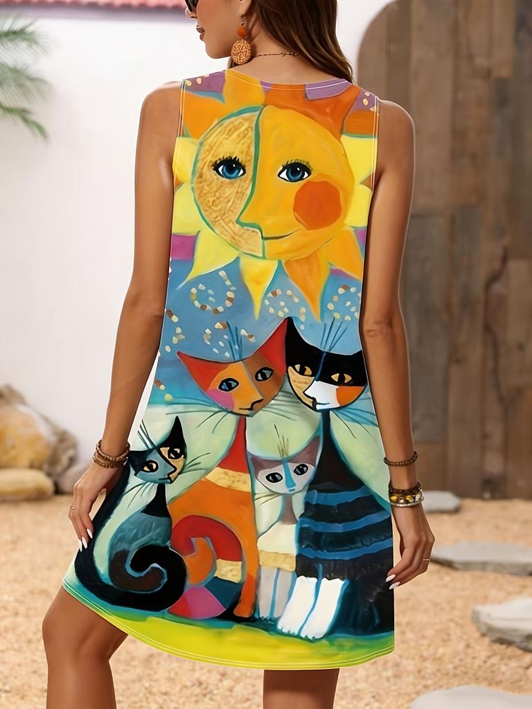 Large Size Summer New Women's Casual Vacation Sleeveless V-neck Kitten Print Dress