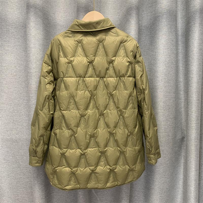 Autumn and winter shirt collar down jacket women's light single-breasted diamond-shaped rubber-pressed white duck down loose coat