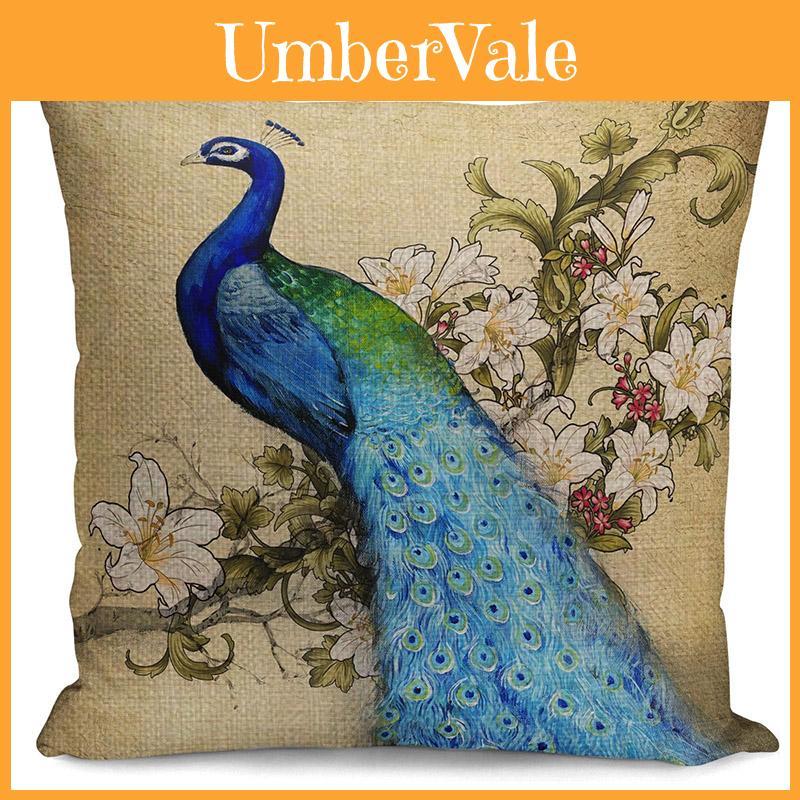 Premium Peacock Print Cotton Linen Pillow Case For Chic And Sophisticated Home Decor