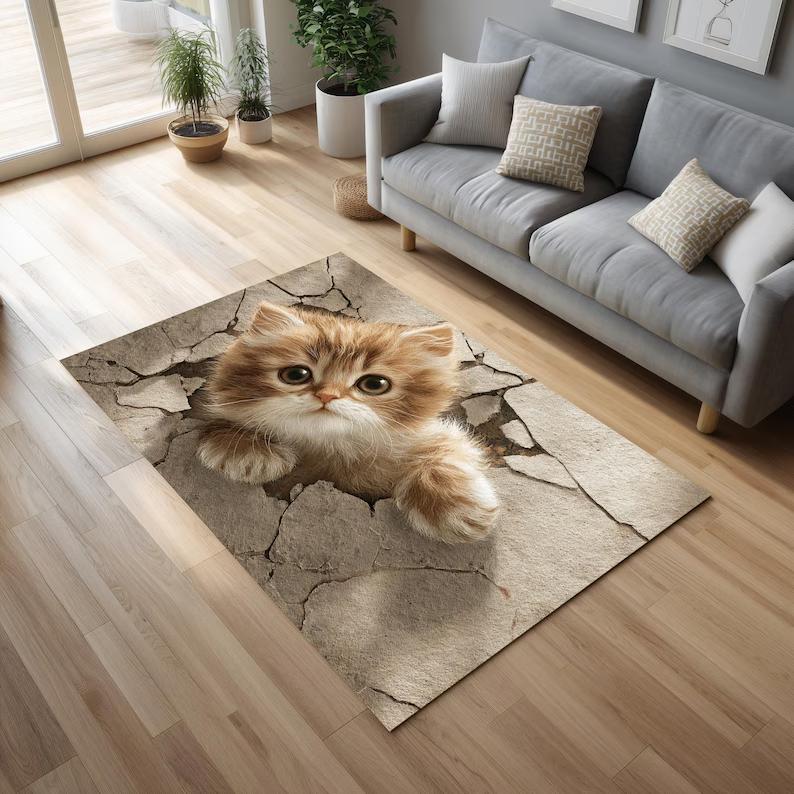 3D Cat Illusion Area Rug Cute Kitten Floor Carpet Home Decor Vintage Area Carpet Mat Rug Home Decor Modern Living Room Floor Rug 40X60cm