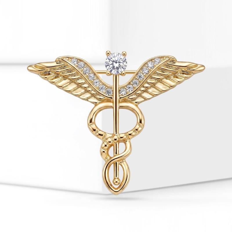 Lapel Brooch Accessory with Clear Stone Caduceus Shape, Copper Pin for Jacket, Scarf and Collar Outfit Wear Styling