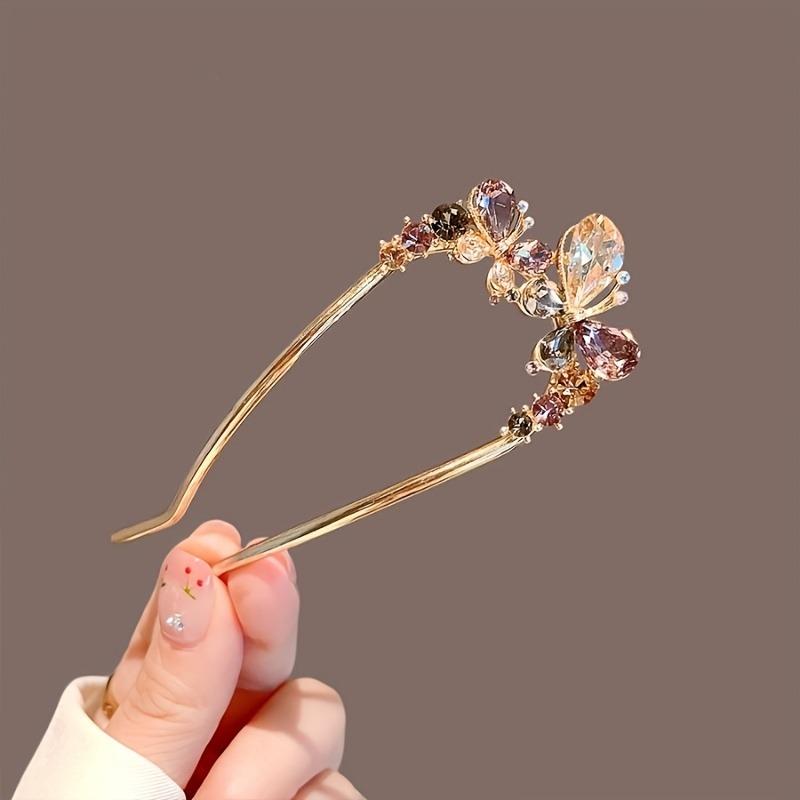 Advanced Classical Style Crystal Butterfly Inlaid Women's Alloy U-shaped Hairpin New Chinese Style Disc-shaped Hair Hairpin