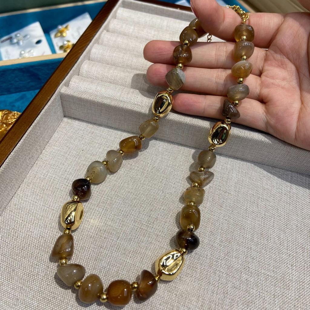 Maillard Retro Handmade Hair Crystal Brown Natural Stone Beaded Necklace Women'S Non-Fading Agate Necklace