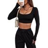 Spring Women's Athletic Casual Cut-off Style Knit High Stretch Long Sleeve Top