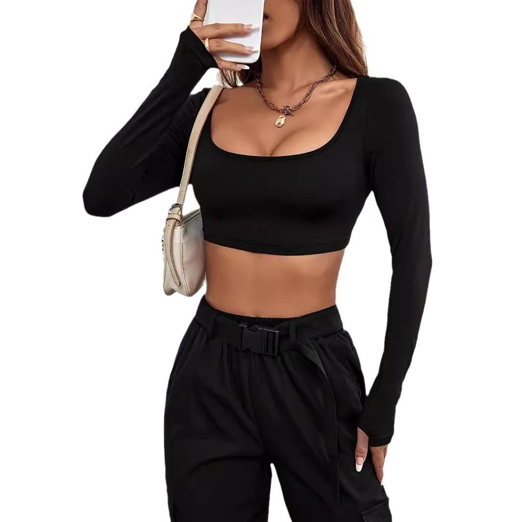 Spring Women's Athletic Casual Cut-off Style Knit High Stretch Long Sleeve Top