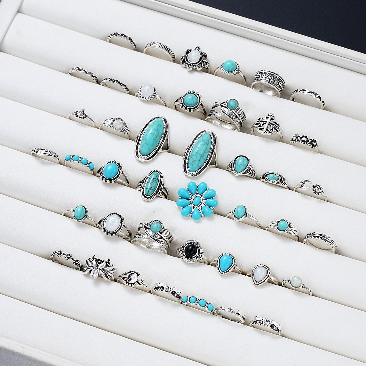 

42Pcs/Set Vintage Boho Turquoise Rings Set for Women Ethnic Style Geometric Flower Opening Adjustable Ring Fashion Party Gifts