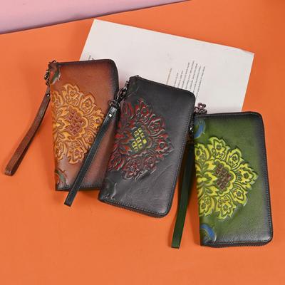 New Genuine Leather Women's Long Wallet, Fashionable Zipper Handbag, Printed Hand-painted Handbag, Multifunctional Mobile Phone Bag, Cross