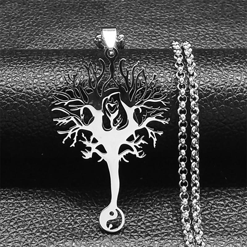 Tree of Life Stainless Steel Long Necklace for Men Black Color Necklaces & Pendants Jewelry cadenas para hombre N834S03