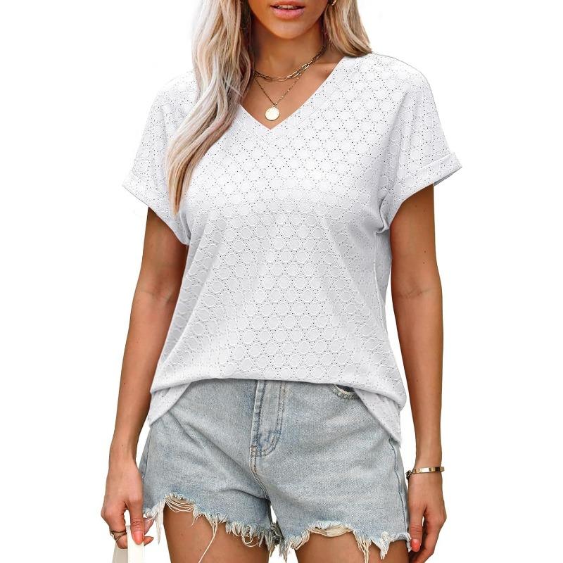 VEZFAA Camicette e camicie con scollo a V a maniche corte con stampa tinta unita primavera estate casual alla moda da donna