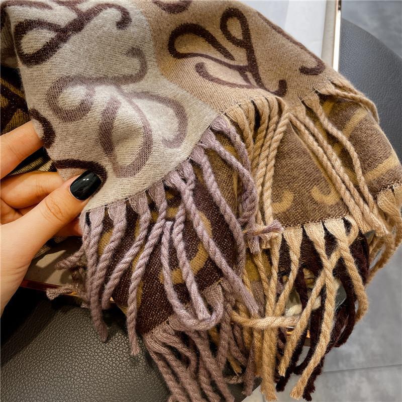 Autumn and Winter New Style Contrasting Color Splicing Checkered Brown Imitation Cashmere Warm Casual Scarf Women's Outer Shawl with Long Tassels