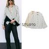 Spring New Women Clothes Lapel Vertical Temperament All-Match Wide Sleeve Stripe Shirts 7969022 7969021