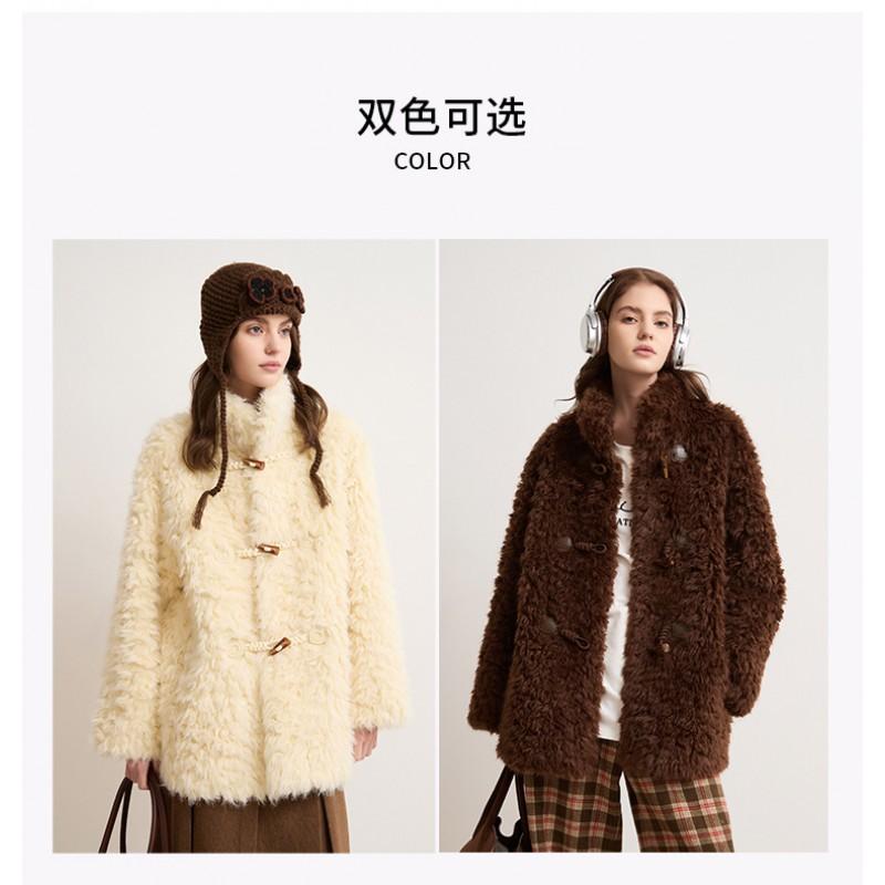 Womens Faux Fur Coat Lamb Wool Blend Horn Button Thick Warm Winter Jacket Petite Women