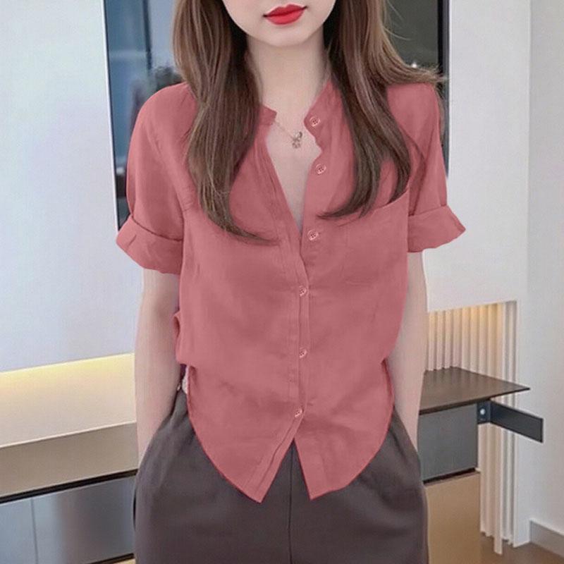 ZANZEA Women Stand Collar Summer Casual Short Sleeve Blouse