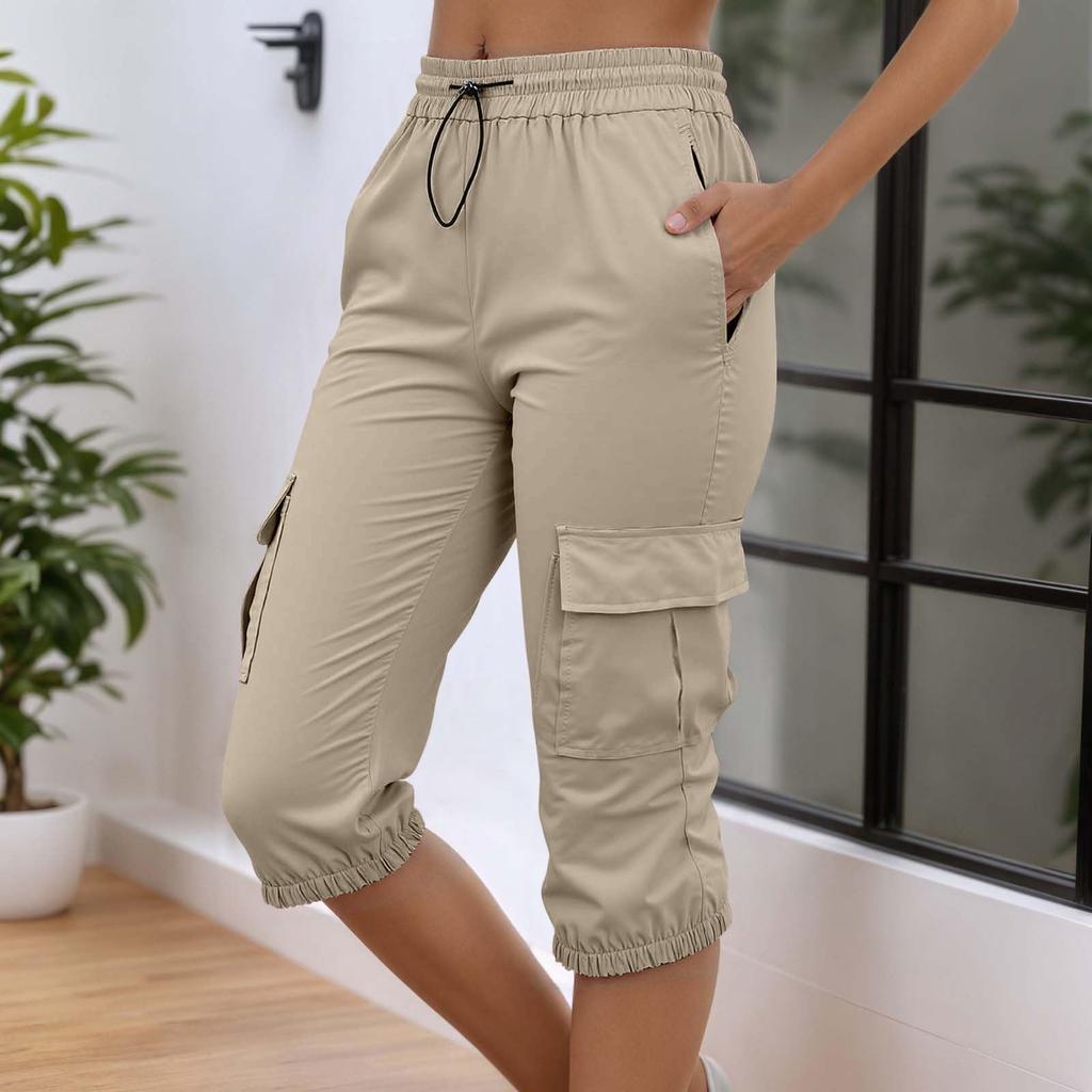Damen High Waist Cargo Jogginghose Caprihose Elastischer Bund Kordelzug Verstellbare Länge Leichte Freizeithose mit Taschen