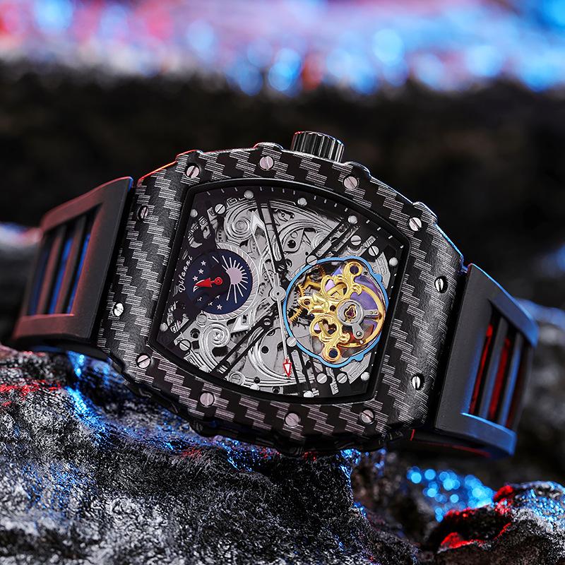 Tonneau Dial Men Automatic Mechanical Watch Skeleton Tourbillon Male Wristwatch Top Brand Luxury Rubber Strap Reloj Hombre
