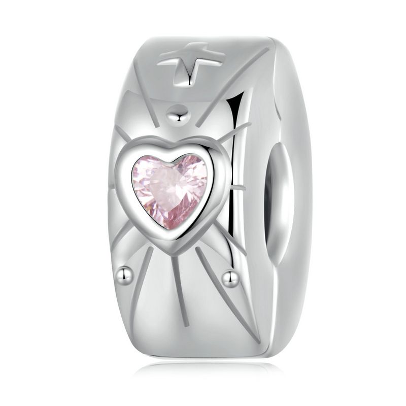 WOSTU Real 925 Silver Pink Heart Charms Clips Spacer Bead Opal Pendant Fit Bracelet Jewelry Make DIY Valentine Gift For Lover