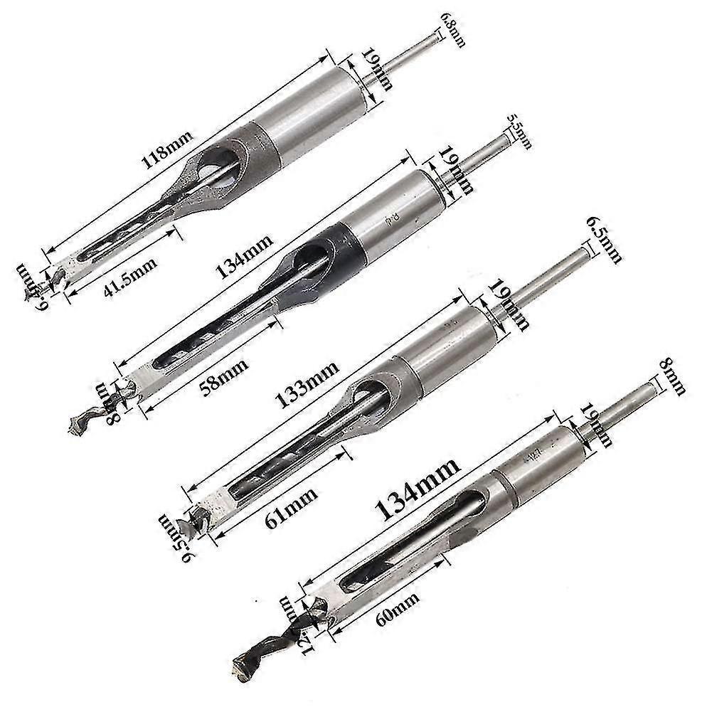 Square Hole Drill Bit, 4pcs Woodworking Mortiser Square Drill Bits, Spiral Drill Bits Kits Mortise Press, Wood Drill Set Space Hole Drill (6.4 Mm / 8