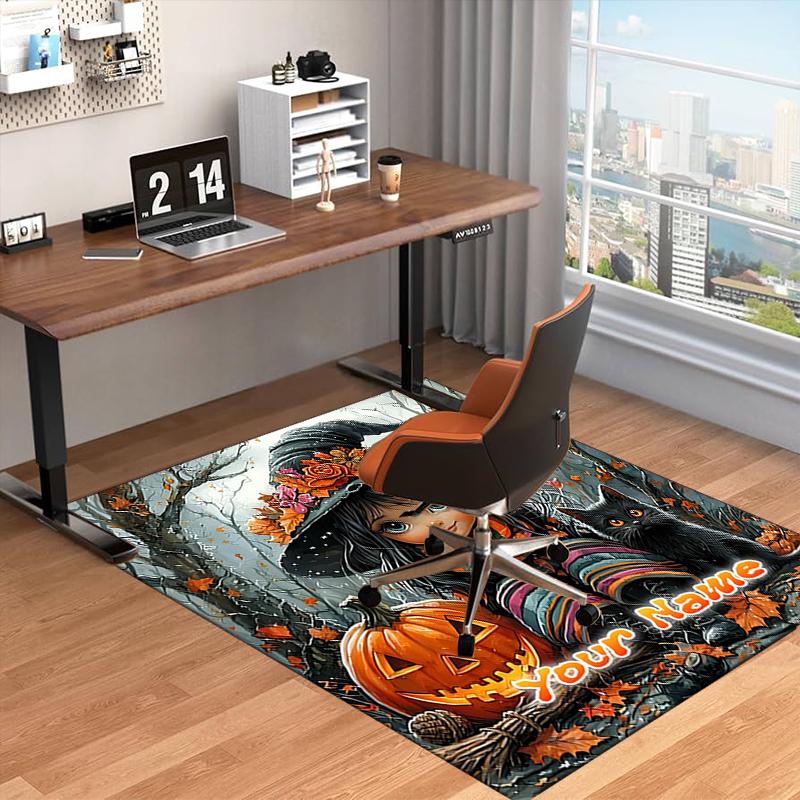 1PC Custom Name Halloween Witch And Cat Theme Floor Mat Ideal for Living Room, Game Rooms, Office, Bedroom,Floor Mat Playful Design