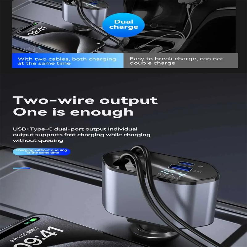 Adaptor încărcător 4 în 1, brichetă auto, încărcător telefon, încărcare rapidă de 120 W, încărcare flash, încărcare auto retractabilă