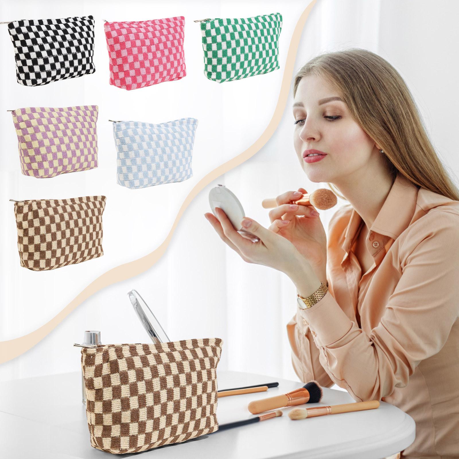 

Женская косметичка - вязаные косметички в клетку, дизайнерская женская большая сумка, женский пенал, органайзер для макияжа на молнии