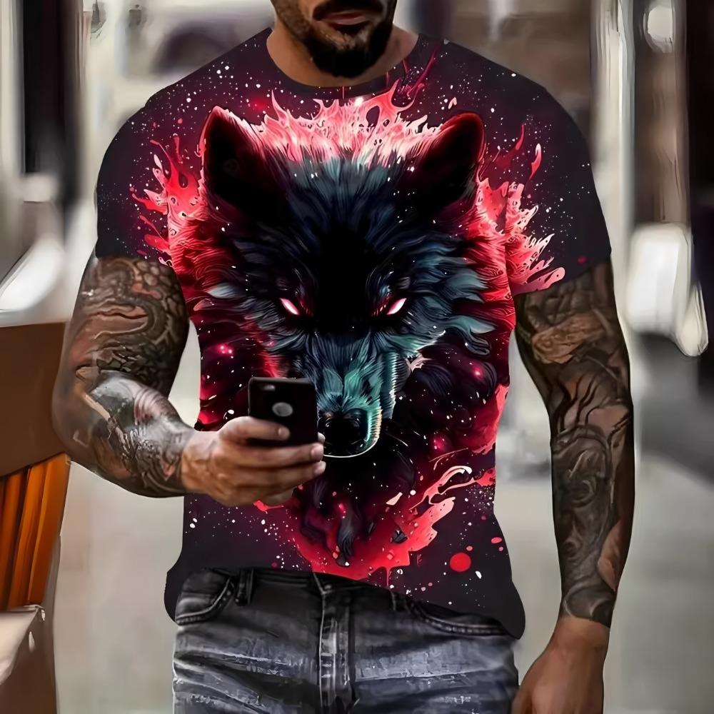 

Men s casual pattern T-shirt with 3D digital printing wolf pattern short sleeved loose and breathable men s round neck top 6XL