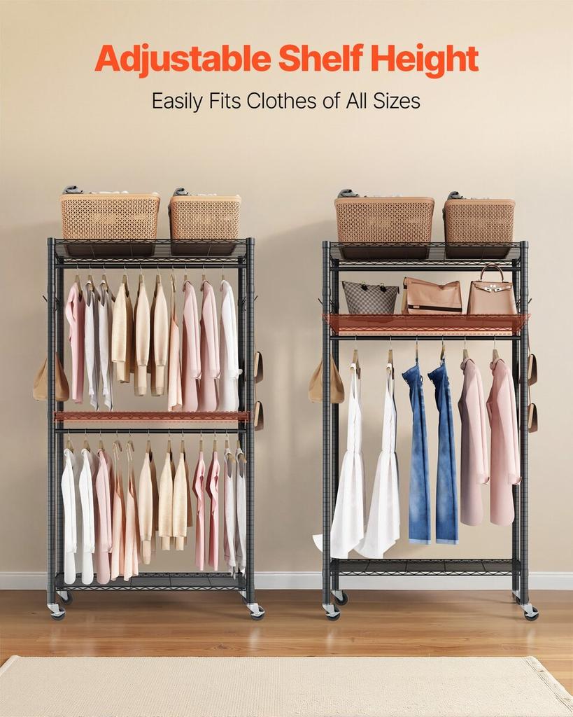 Rolling Clothes Rack, Heavy Duty Clothing Garment Rack, 3 Adjustable Tiers Clothing Racks with Carbon Steel, 204 kg Load Capacity Closet Wardrobe for