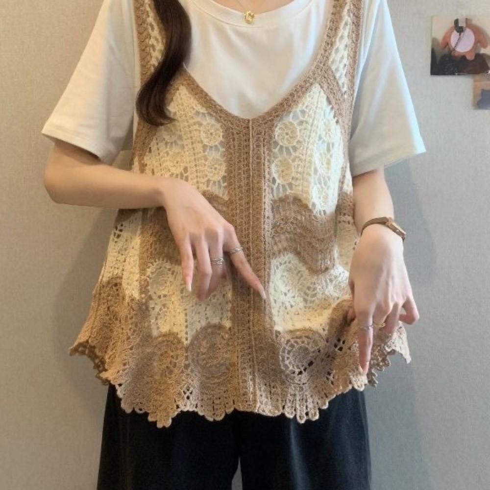 Versatile Hollowed Out Vest Dress Crochet Loose Sleeveless Cover Up Printed Knit Ethnic Bohemian Vest For Summer Beach Vacation