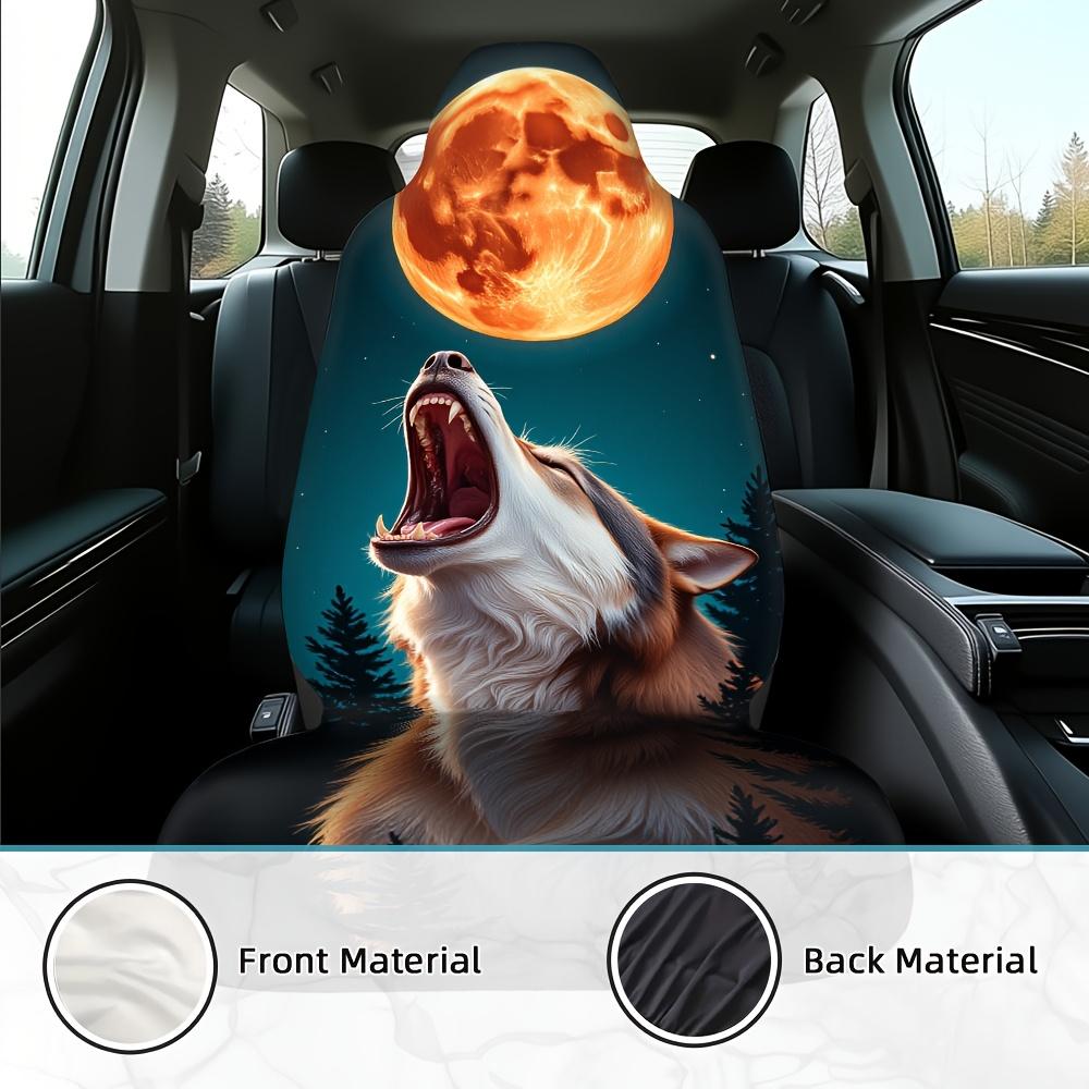 2pcs Howling Wolf Car Seat Covers - Durable Fabric, Soft & Comfortable, Easy To Install, Universal Fit For Cars, SUVs, Sedans, T