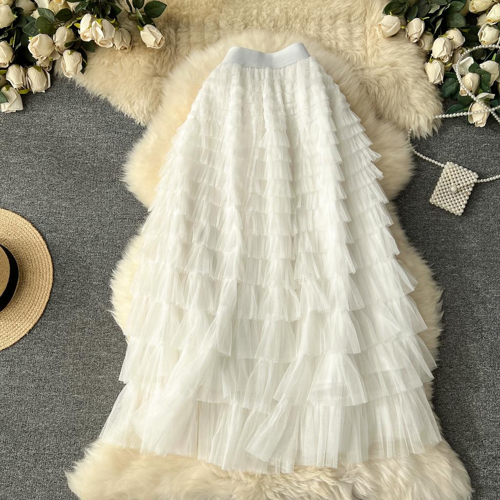 Summer Women Elegant Ruffles Mesh Elstic Waist Long Midi Cake Skirt
