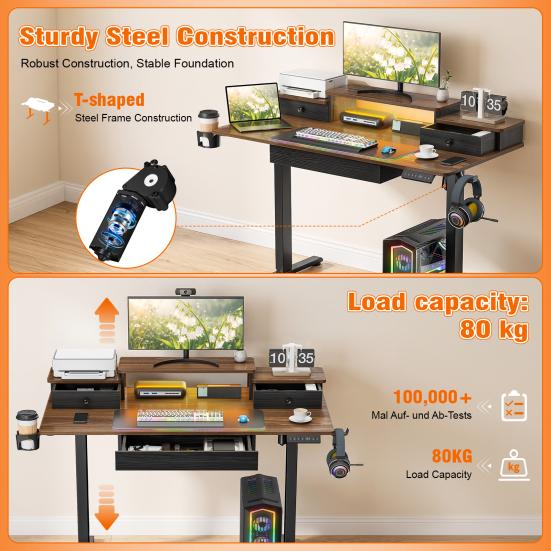 PC Gaming Desk Electric Lift Computer Desk Standing with Drawers Home Ergonomic Monitor Stand Power Outlets & LED Lights Height Adjustable Cable