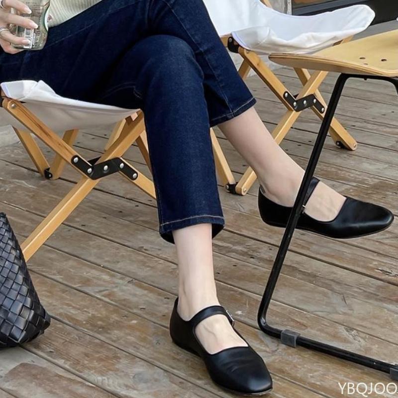Fashion Spring Summer New Black Square Toe Buckle with Flat Bottom Single Shoe Simple Comfortable Lightweight Versatile Women's Shoes