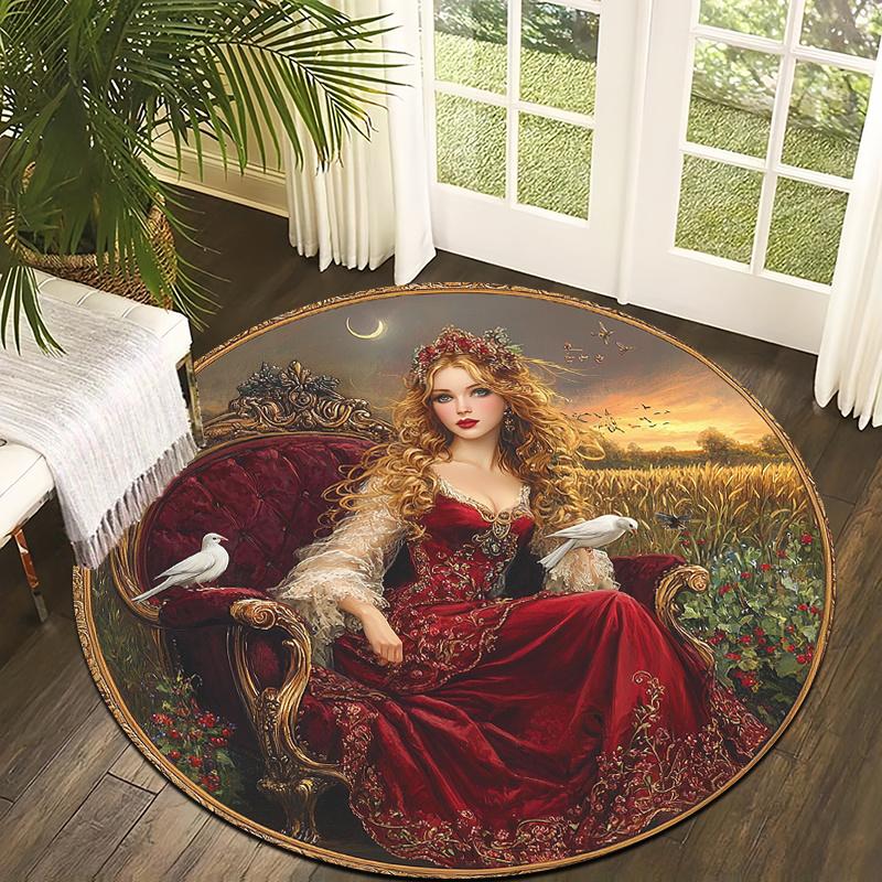 Art Artistic Style Woman and Doves in Countryside Print Round Area Rug for Entryway and Home Decor