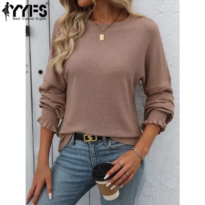 Camicette e camicie con scollo a maniche lunghe con stampa tinta unita primavera autunno moda casual da donna