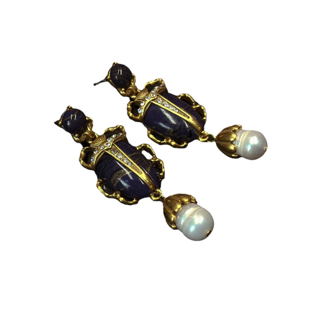 Vintage Heavy Industry Beetle Shaped Pearl Pendant Earrings With French Court Style Electroplated Antique