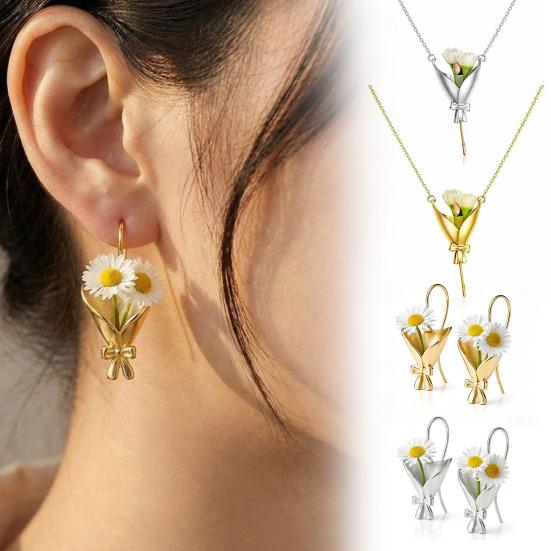 Yousheng Flower Bouquet Necklace Pendant Metal Floral Gift Box Design with Bow Decoration Lightweight Necklace for Women Romantic Jewelry Gift