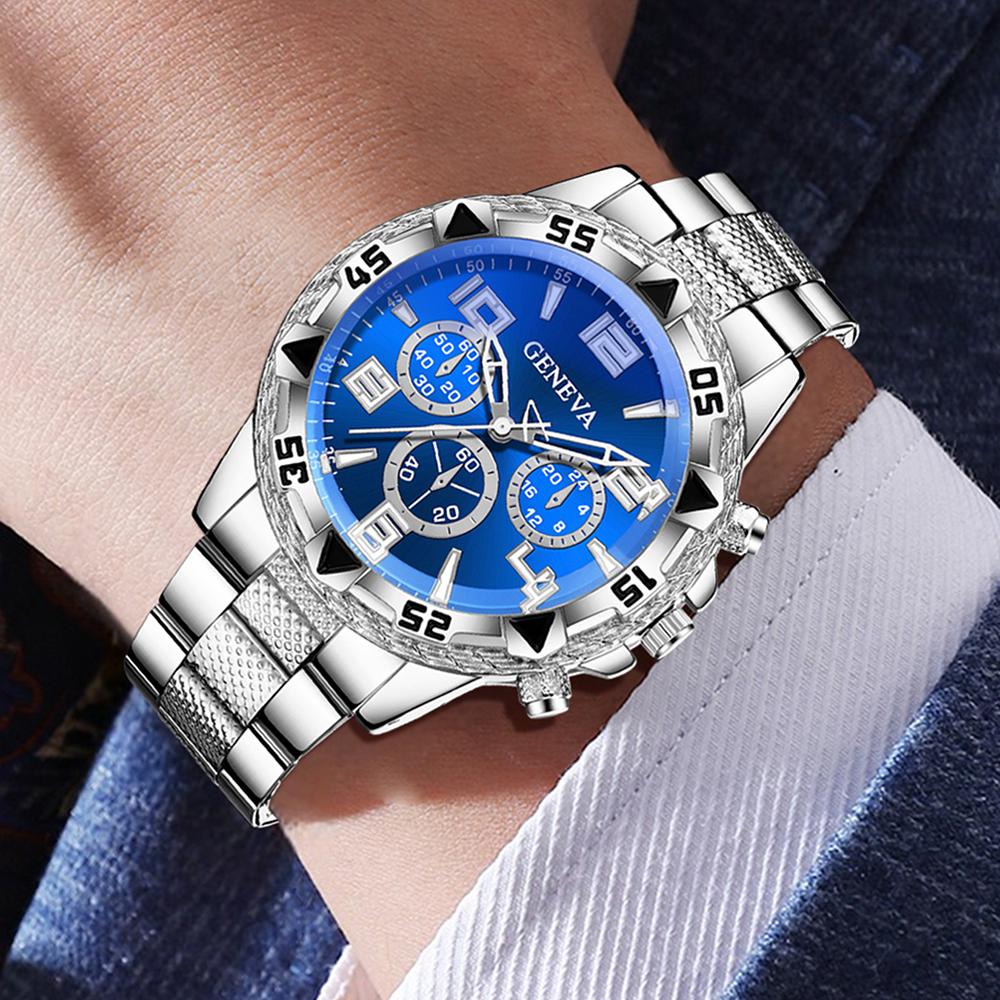 2PC Men's Watch Set Business Trend Digital Scale Blue Circular Dial Quartz Watch Bracelet Set Perfect Gift for Friends or Dad