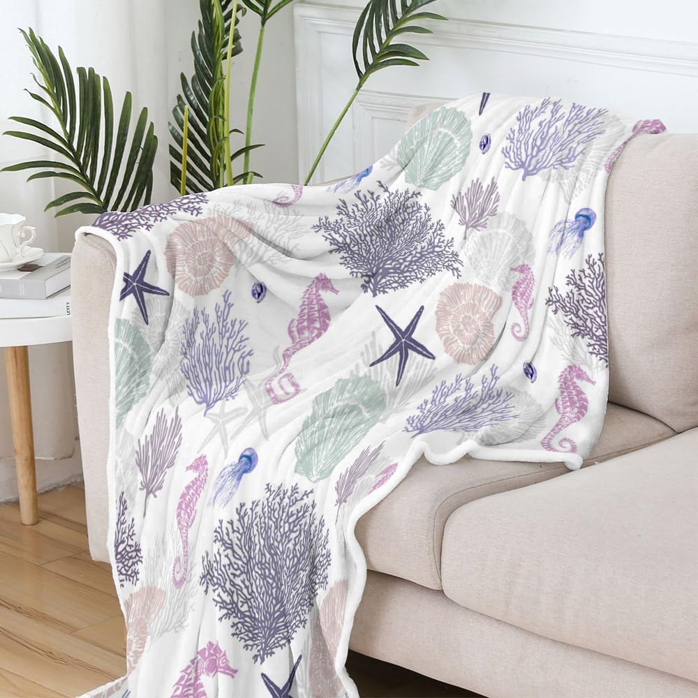 Beach Blankets, Nautical Coastal Throw Blankets, Starfish Seashell Coral Blankets Summer Lightweight Throw Blanket, Ocean Theme Lightweight Soft