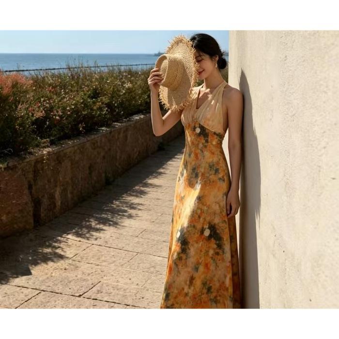 Garden Yellow Neck Dress Huge Beautiful Skirt Dress Dopamine Island Bright Seaside Vacation