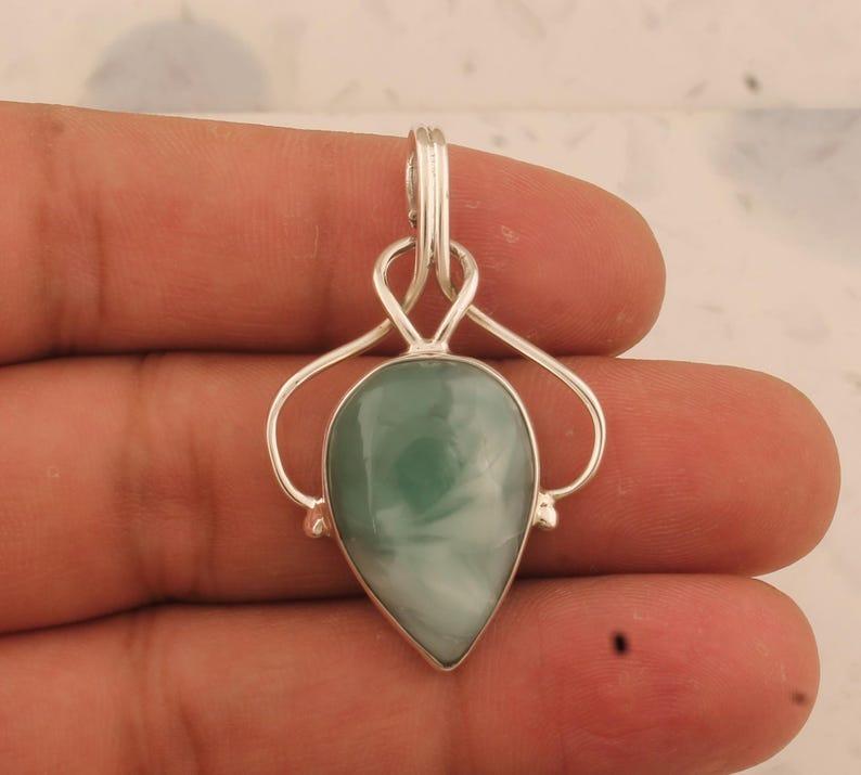 Solid 925 Sterling Silver Natural Larimar Gemstone Teardrop Pendant Necklace Healing Pendant Boho Jewelry