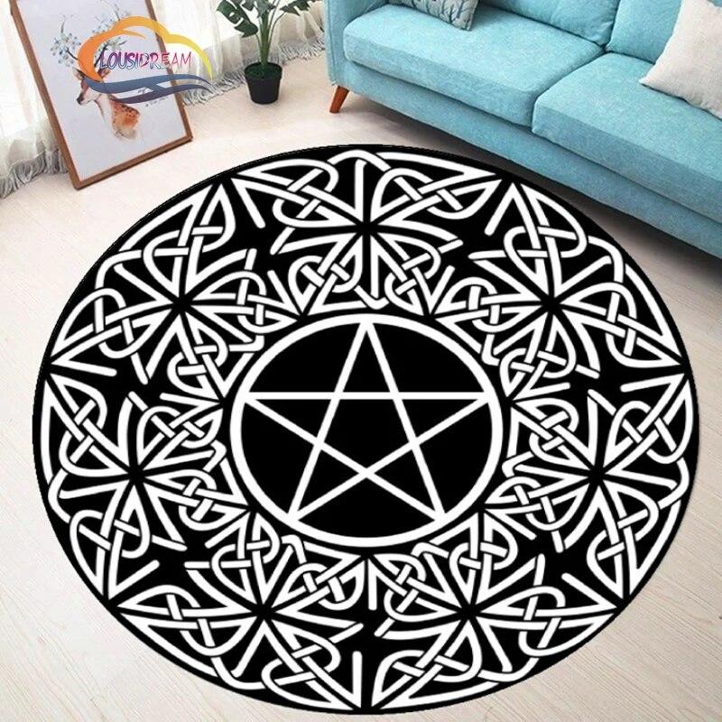 Pentagram Carpet Moon Satanic Round Rug Skull &  , Wicca  White  On Black  Goth Home Decor Chair Mats