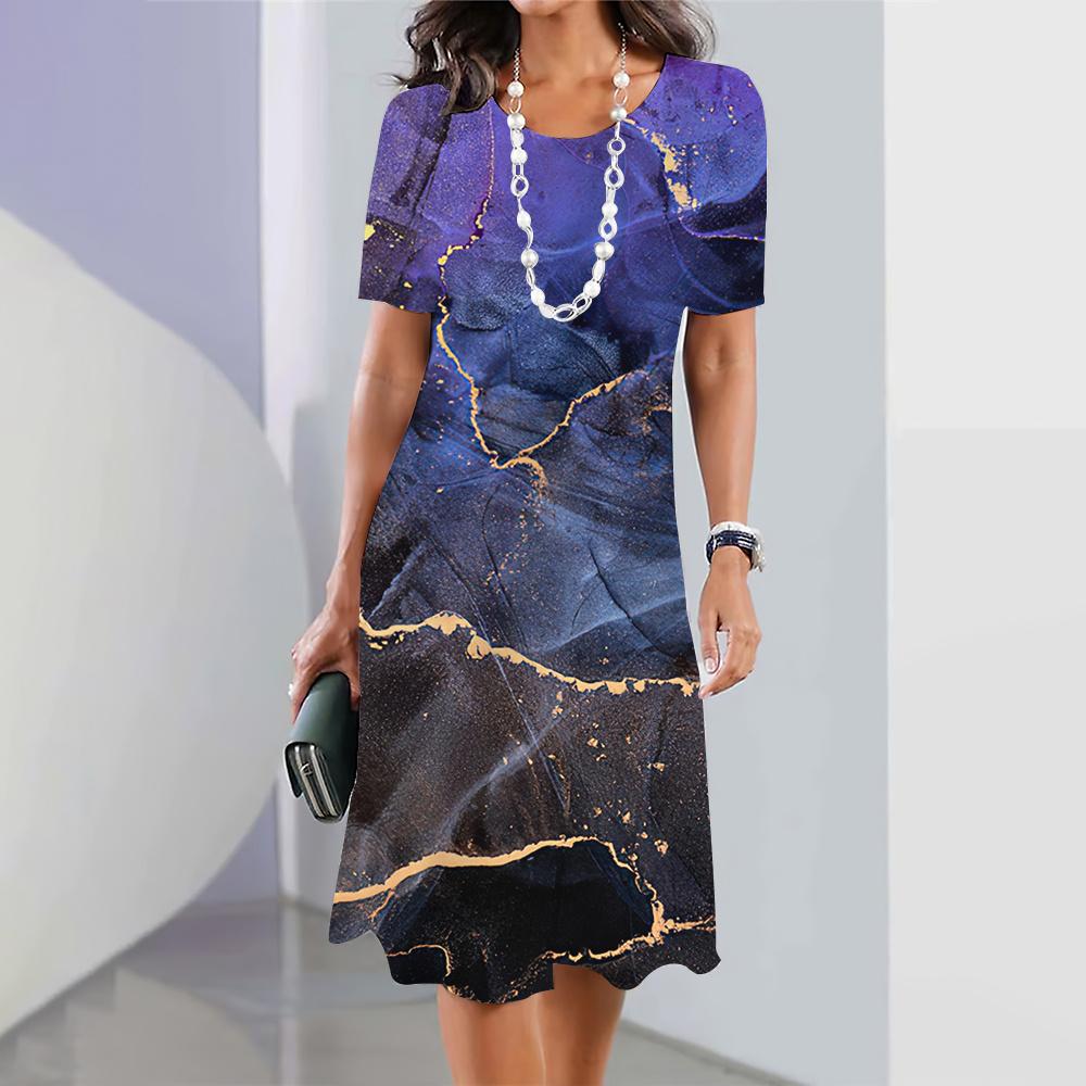 2026 Summer Retro Texture Printing Short-sleeved Dress Ladies Casual Fashion Round Neck Loose Dress