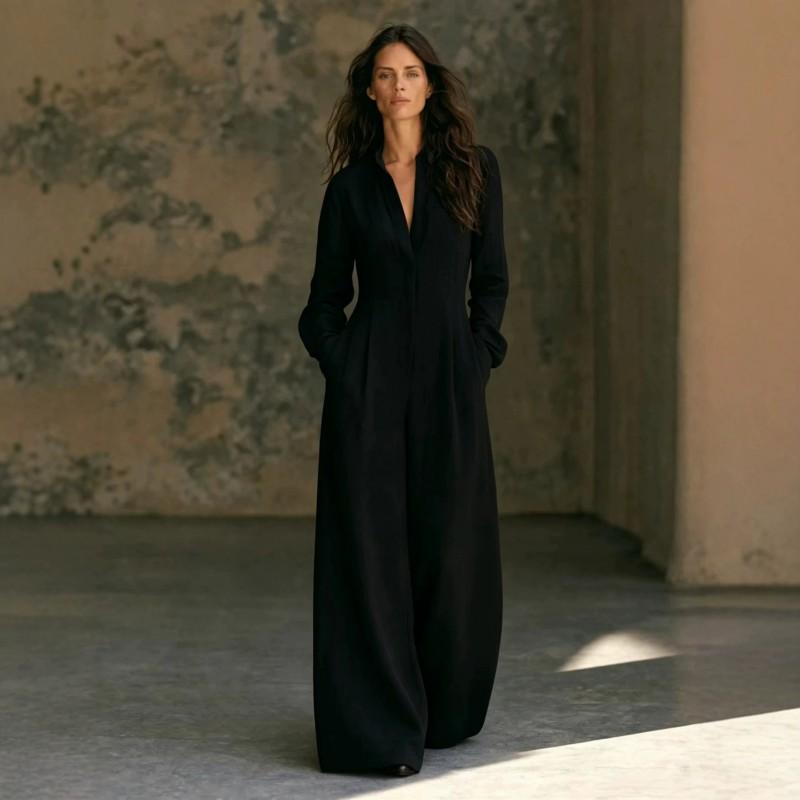 Womens V-Neck Long Sleeve Linen Jumpsuit Loose Wide Leg Casual Overall 2026 Fall Collection