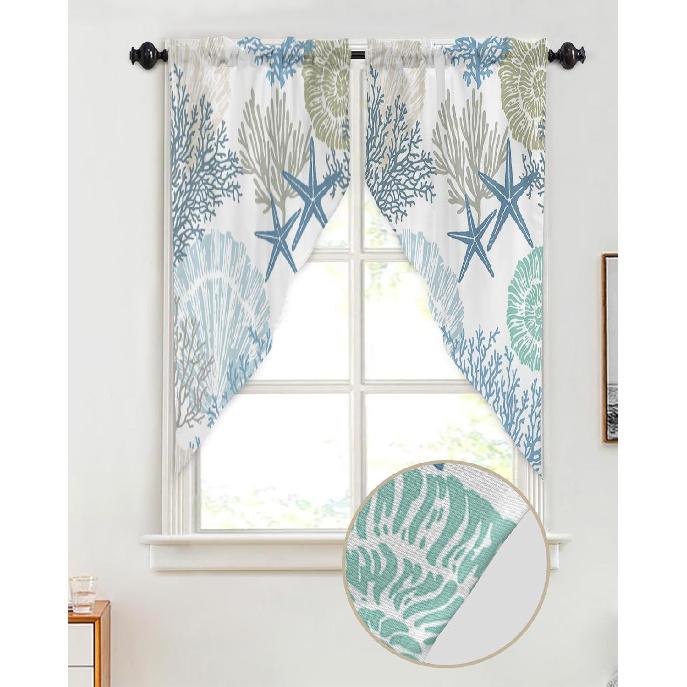 Swag Curtain Valances Nautical Coastal Ocean Coral Short Swag Topper for Small Windows Beach Themed Blue Teal Window Curtain Tiers for Kitchen