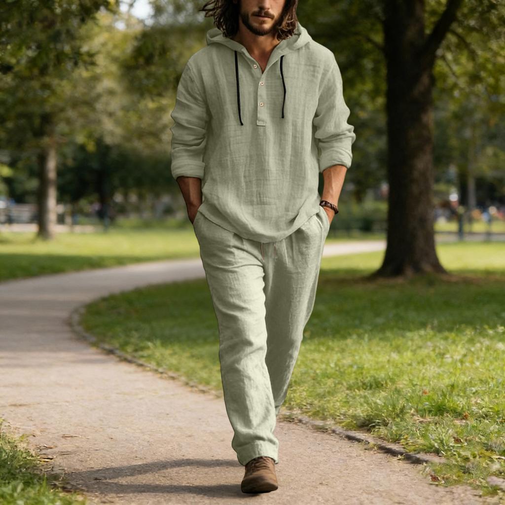 Herren Leinen Freizeit Set, Knopfhemd Elastische Taille Kordelzug Locker, Passende Hose Bequem Zwei-Teile-Set