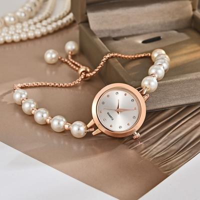Präzise Quarz-Armbanduhr Verstellbare Damenuhr Mode Perlenarmbanduhr Geburtstagsgeschenk