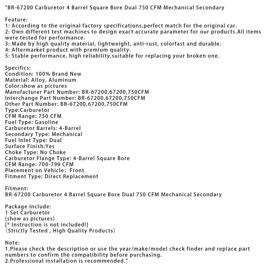 BR-67200 Carburetor 4 Barrel Square Bore Dual 750 CFM Mechanical Secondary