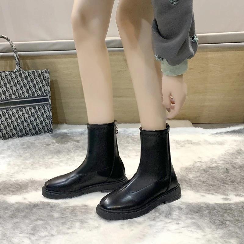 Modne botki Chelsea damskie jesienno-zimowe modne PU skóra polar ciepłe krótkie buty damskie buty eleganckie designerskie botki