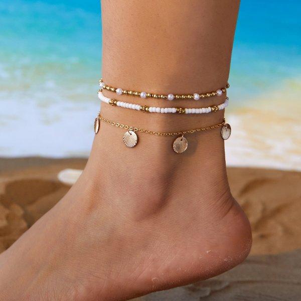 Vintage Gold Color Double Layer Anklet for Women Star Pearl Starfish Zircon Pineapple Anklets Bracelets Foot Chain Beach Jewelry