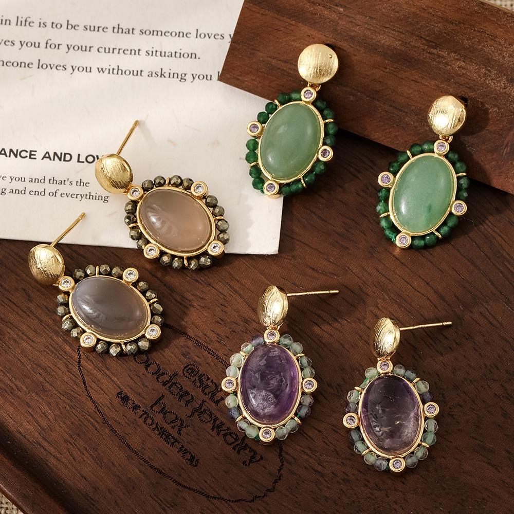 French Oil Painting Retro Style, Oval Natural Stone Crystal Long Earrings, Hand-wound Niche Atmosphere Earrings