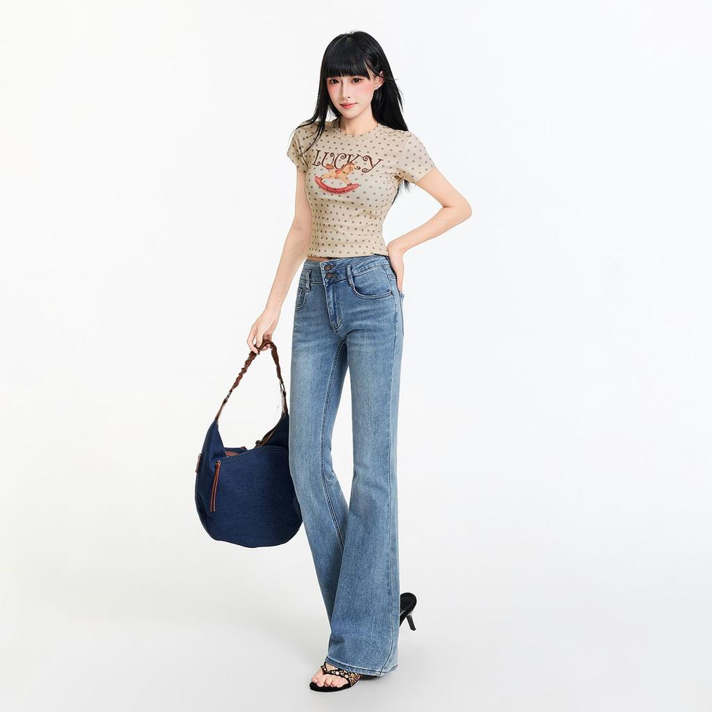 Spring Summer Double Button Waistband Micro Flare Elegant Stretch Casual Denim Pants For Women Casual Pants Oversize Denim Trousers